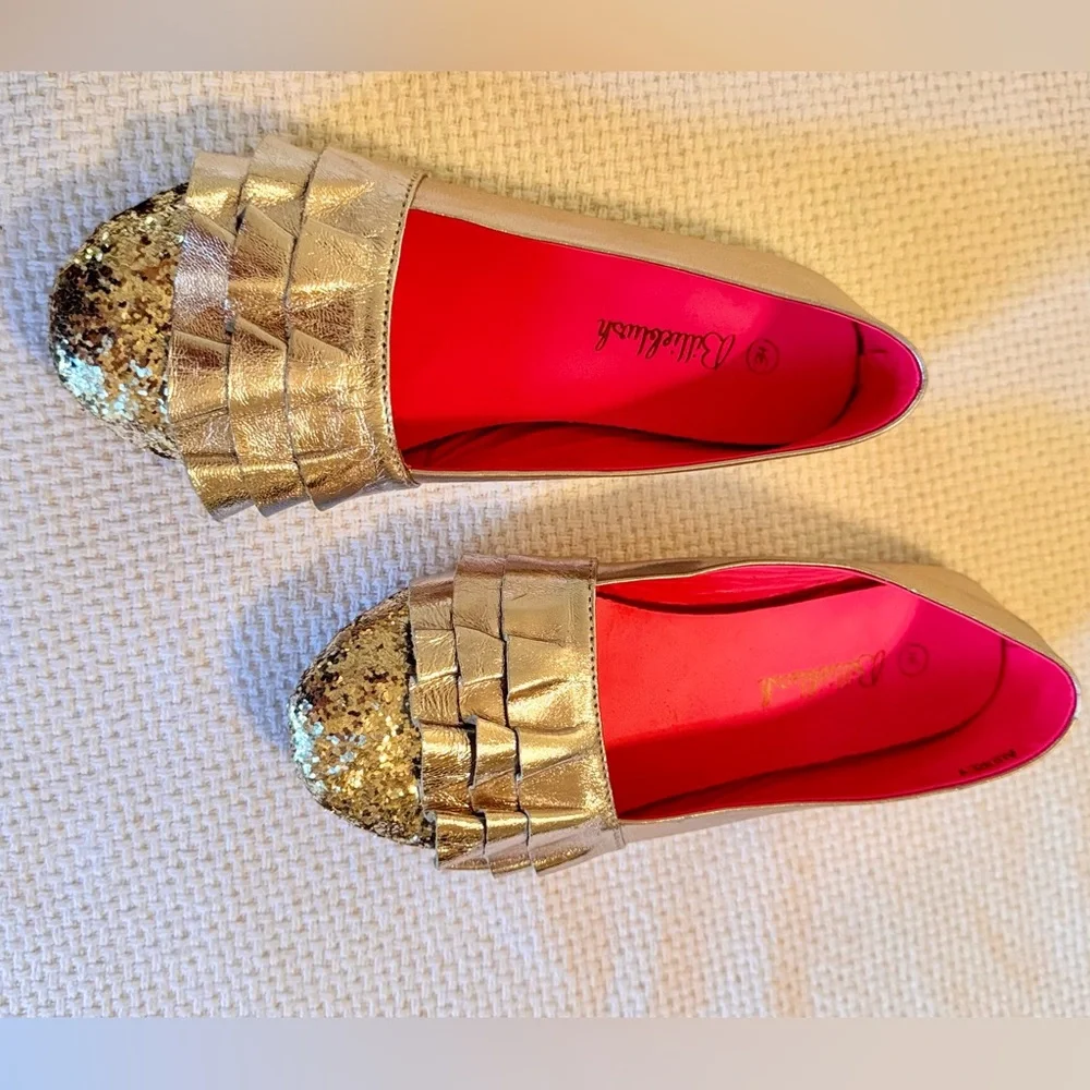 BILLIEBLUSH Girls Gold Glitter Flats w Ruffles Kids Shoes
